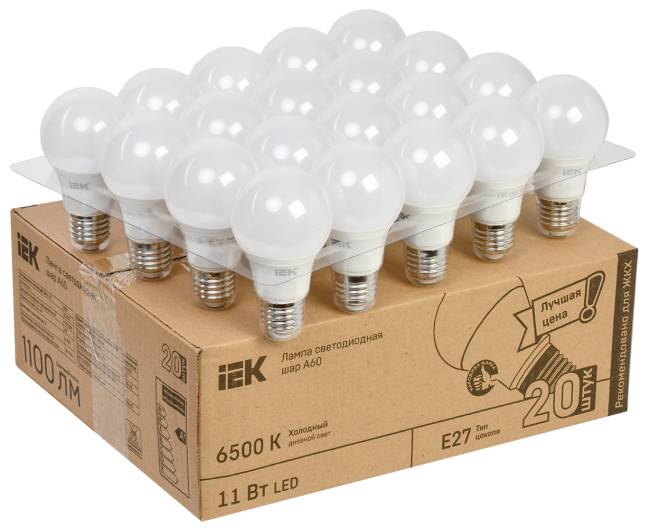 Лампа LED A60 шар 11Вт 230В 6500К E27 (20шт/жкхпак) IEK LLE-A60-11-230-65-E27-20