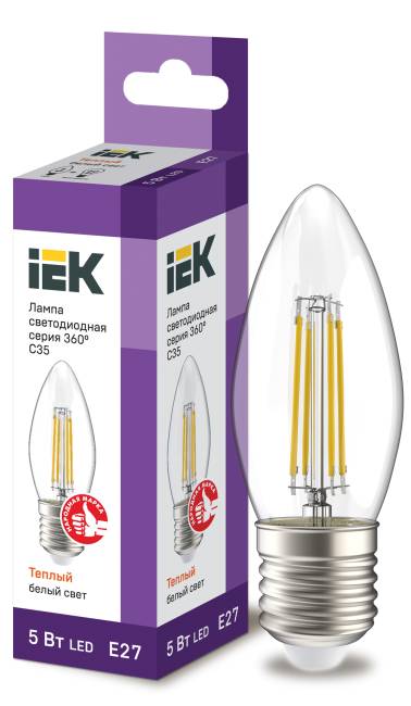 Лампа светодиодная C35 свеча прозр. 5Вт 230В 3000К E27 серия 360° IEK LLF-C35-5-230-30-E27-CL