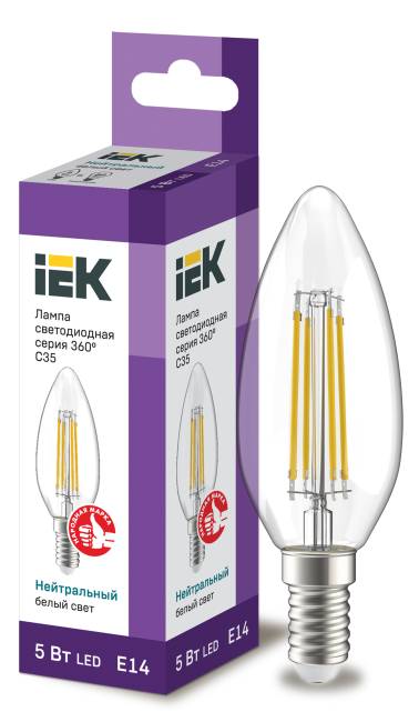 Лампа светодиодная C35 свеча прозр. 5Вт 230В 4000К E14 серия 360° IEK LLF-C35-5-230-40-E14-CL