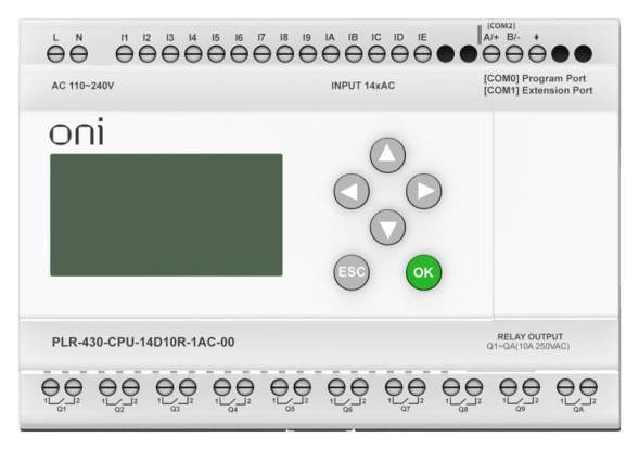Модуль ЦПУ ПЛК 430 14 DI 10 RO 220В AC с экраном ONI PLR-430-CPU-14D10R-1AC-00