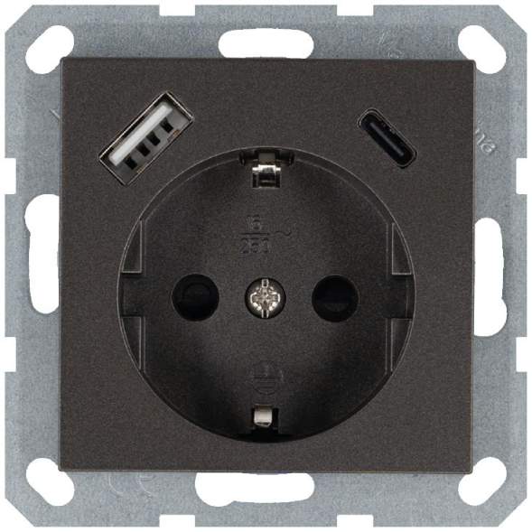 Розетка Shuko 16А с заземл. защ. шторки с 2-мя заряд. устройствами USB тип A+C 25Вт механизм мокко Jasmart G5501USB-25Z