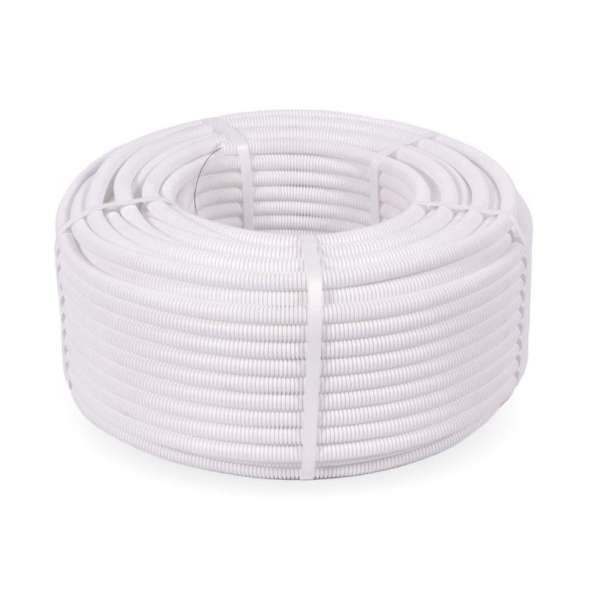 Труба гофрированная ПЛЛ легкая d16мм с протяжкой безгалоген. (HF) (НГ) бел. (уп.100м) Промрукав PR02.0214