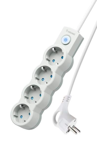 Удлинитель 4х1.5м ПВС 3х0.75 с защ. шторк. с заземл. IP20 с выкл. 220В 10А 2200Вт бел. КОСМОС YKsm1.5m-4g-Z-V10A-W