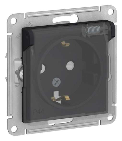 Механизм розетки 1-м СП AtlasDesign Aqua 16А IP44 с заземл. защ. шторки с прозр. крышкой карбон SchE ATN441046