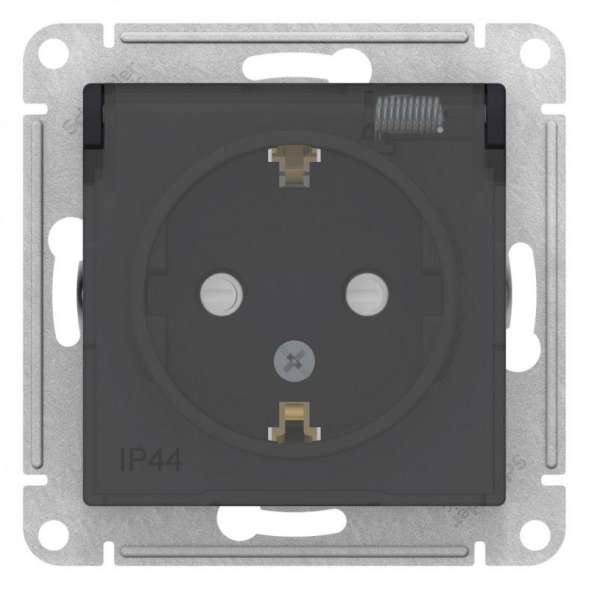 Механизм розетки 1-м СП AtlasDesign Aqua 16А IP44 с заземл. защ. шторки с прозр. крышкой карбон SchE ATN441046