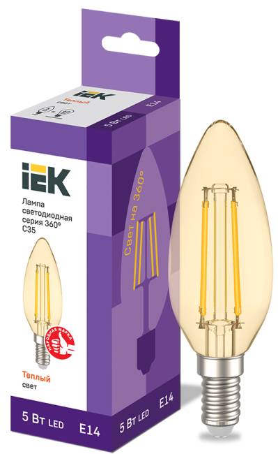 Лампа LED C35 золото 5Вт 230В 2700К E14 серия 360° IEK LLF-C35-5-230-30-E14-CLG