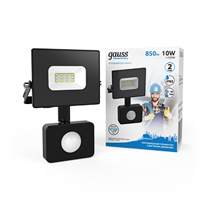 Прожектор светодиодный Elementary-S 10Вт 6500К 850лм IP65 175-265В черн. с датчиком движения Gauss 628511310